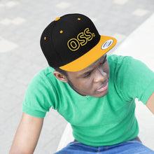 Load image into Gallery viewer, Black/Yellow OSS. Flat Bill Hat
